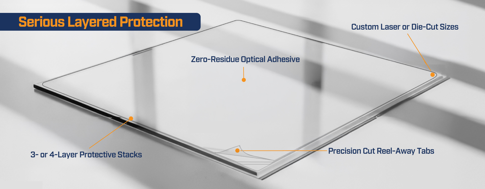 TearOff multilayer protective film stack with peel-away tabs and zero-residue adhesive for safety glass protection
