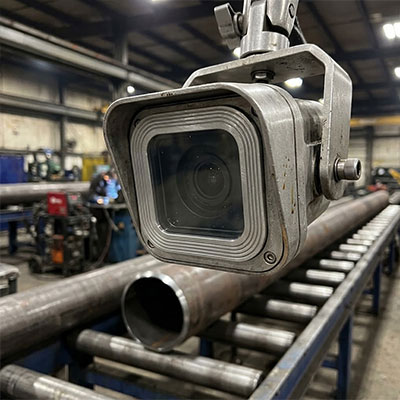 Automated welded pipe production line camera protected by a 4-layer TearOff sacrificial film stack against adhesive fluid splatter